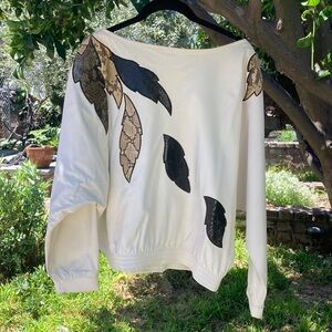 Penny Howson vintage 80s white suede leather with snake-embossed leaf appliqués